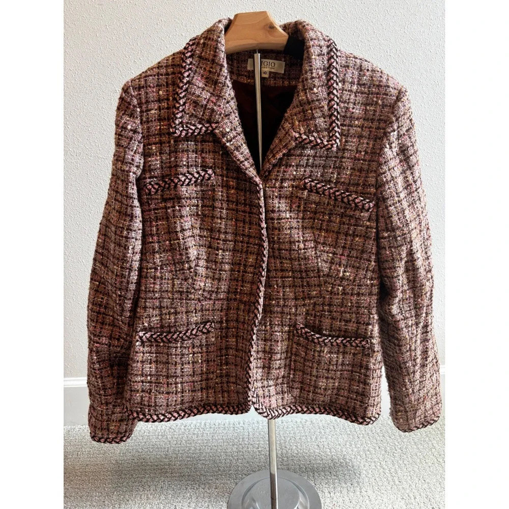 Bigio Collection Skirt Suit 10 Brown Pink Tweed Braided‎ Trim Professional Set
